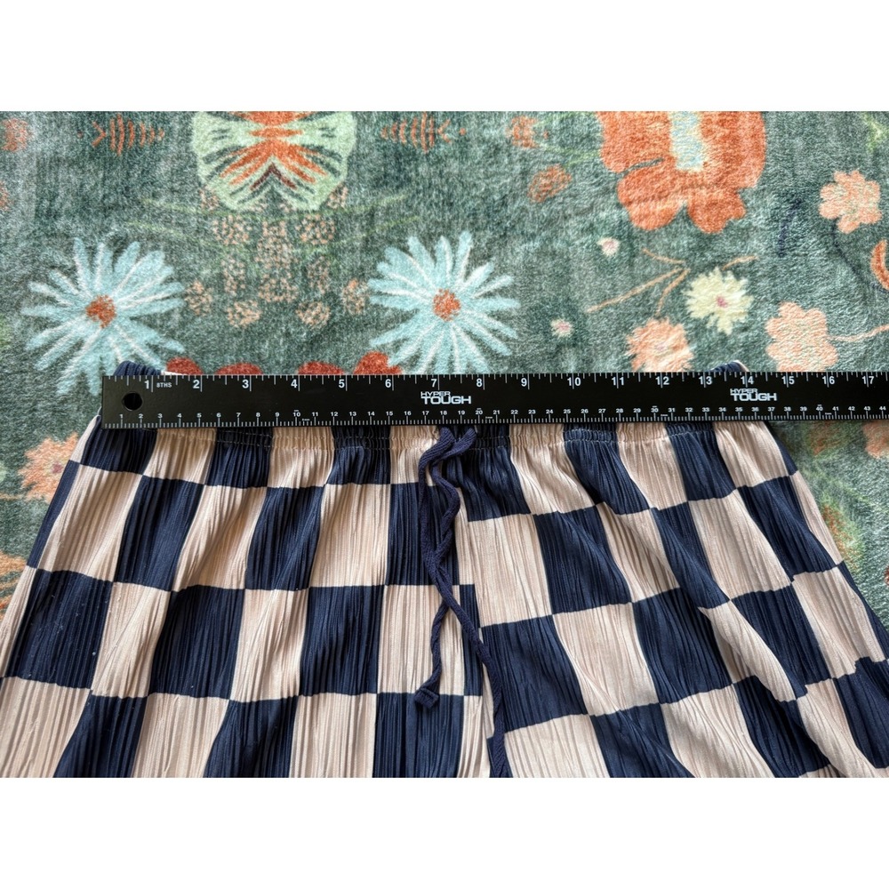Silence + Noise Checkered Plisse Wide Leg Pants Navy Tan Small Elastic Waist - Picture 7 of 14